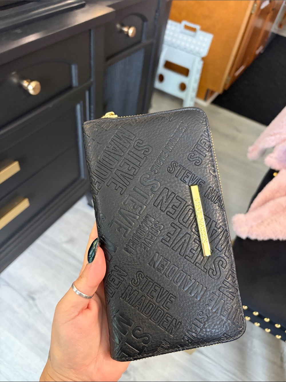 Steve Madden Black Embossed Zip-Around Wallet with Gold Accent